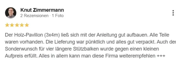 Meinung über das gekaufte Produkt auf Holz-Pawillon.de