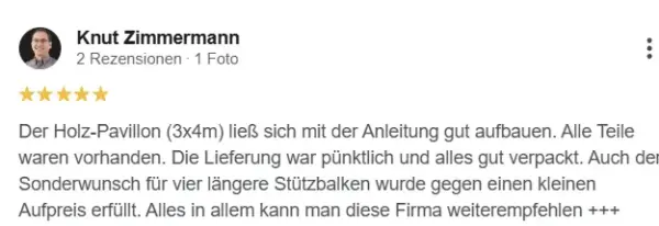 Meinung über das gekaufte Produkt auf Holz-Pawillon.de